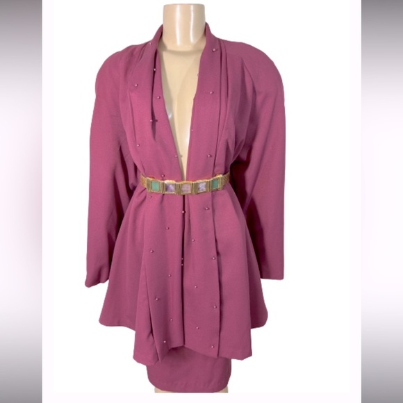 Chad Steven’s Blazer Skirt Set  Pink Pearl Trimmed Swing Blazer Size 12 - Picture 2 of 14